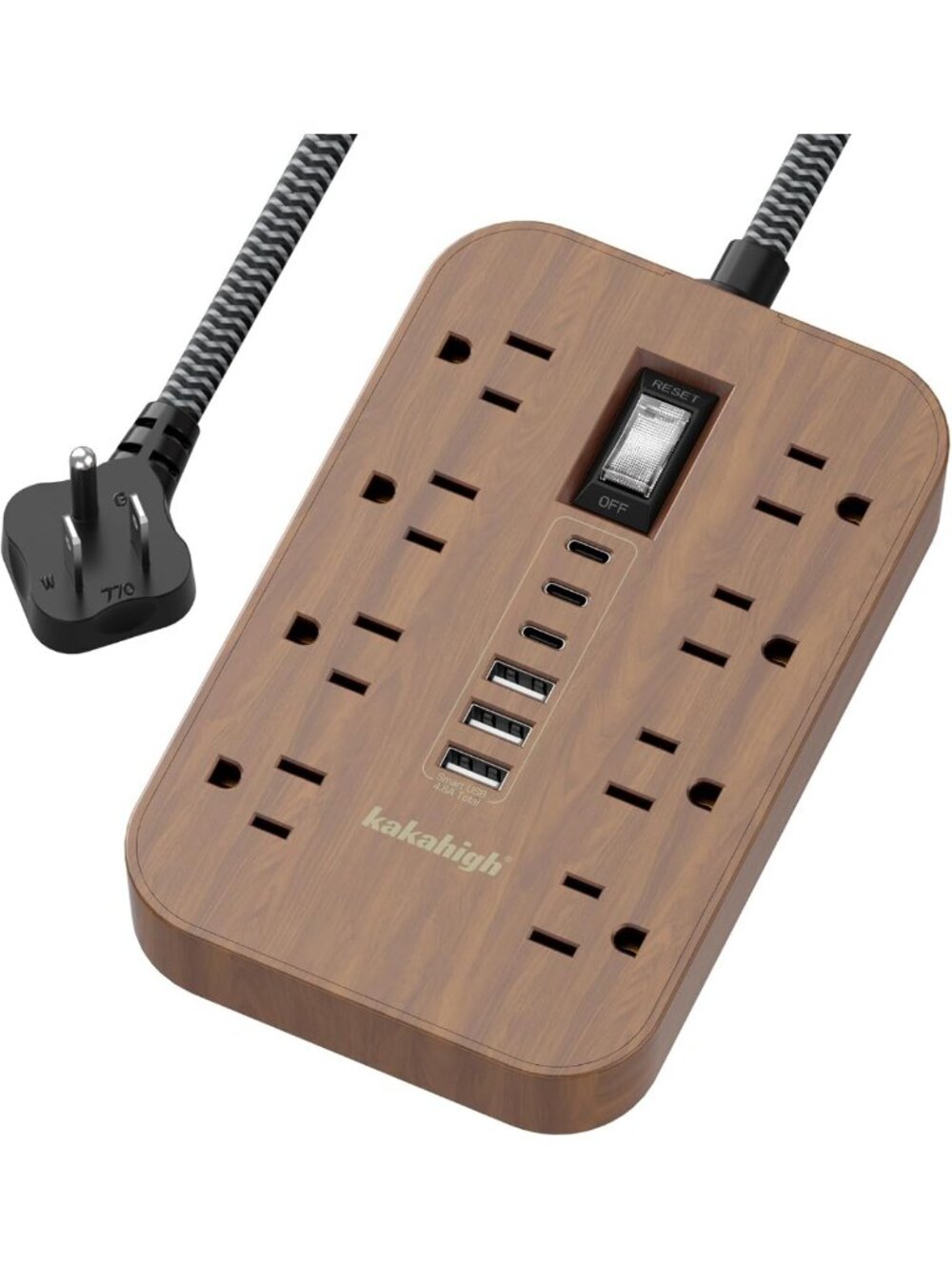 5FT Walnut Power Strip with USB Ports - Surge Protector, Multi-Outlet Charger